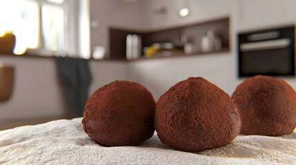 Three Chocolate Truffles On White Cloth In Modern Kitchen