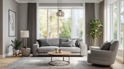 Light living room with grey sofa, coffee table, armchair, and large window