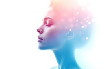 A woman's face is shown in a blue and purple color scheme