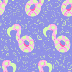 Cute flamingo swim ring vector seamless pattern. Rubber toy for water, float in doodle style.