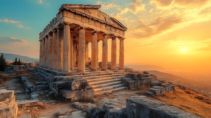 Obraz premium Historic Hilltop Ruins With Golden Sunset high resolution image