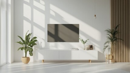 Fototapeta premium Minimal living room interior with white wall background and TV cabinet.