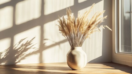 Minimal aesthetic style: Dry grass bouquet in Scandinavian vase on wooden table with warm sunlight shadows