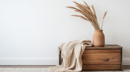 Minimal hygge interior design concept with rabbit tail grass in tan vase, wooden storage box, beige blanket against white wall