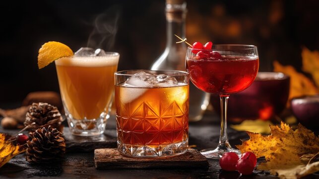 Mixed autumn drinks with maple syrup in dark setting