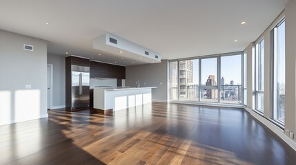 Fototapeta premium Modern apartment featuring hardwood-floored empty living space