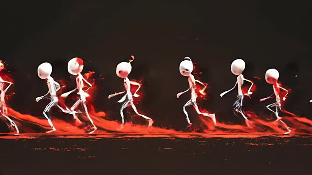 A line of white, stylized humanoid stick figures run against a flat, dark backdrop streaked with vivid fiery red paint splashes. Twitch, convulse, and burst of motion. Trailing fiery motion