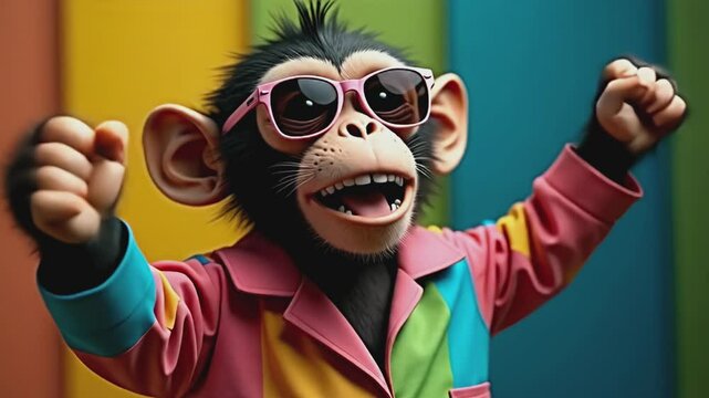 Cheerful animated chimpanzee wearing stylish red jacket and sunglasses with mouth open in excitement against yellow backdrop. Fun character for social media campaigns and promotions.