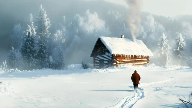 Ultra HD 4K a man going home in the snowfall video winter fairy tale motion video a man going house in the snowfall video a person walking in the snow falling video