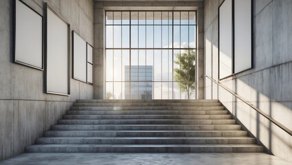 Poster template in a concrete industrial interior, office with stairs and a view of other buildings