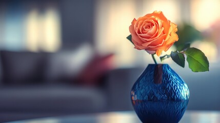 Orange rose in blue vase with modern interior blurred in background