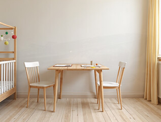 Fototapeta premium Empty wooden table in baby room. Space for text