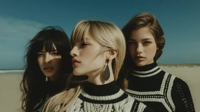 Trio of Fashionable Women in Knitted Sweaters Under Clear Blue Sky