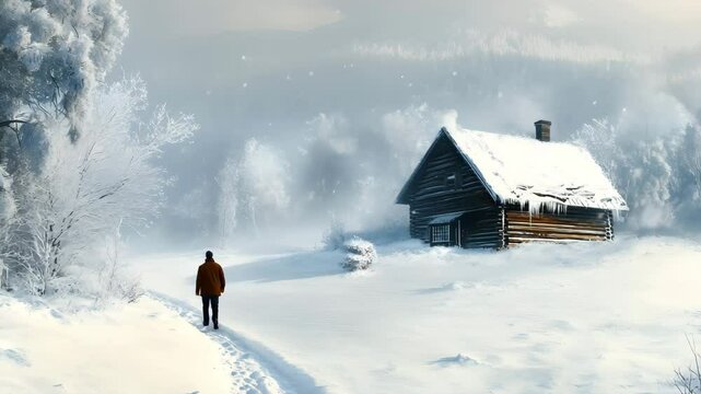 Ultra HD 4K a man walking in the snowfall video a man going house in the snowfall video a person walking in the snow falling video