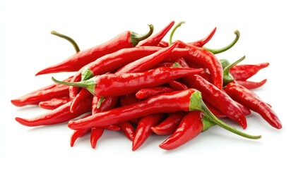 Pile of red chili peppers on white background.