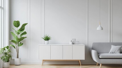 Photo of white cabinet, plant, and grey sofa in simple living room.