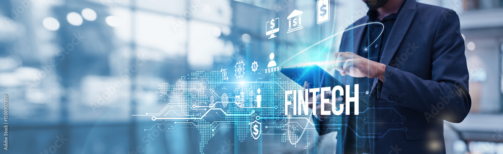 Poster a businessman using a tablet analyzes fintech and blockchain technology growth, leveraging ai-driven