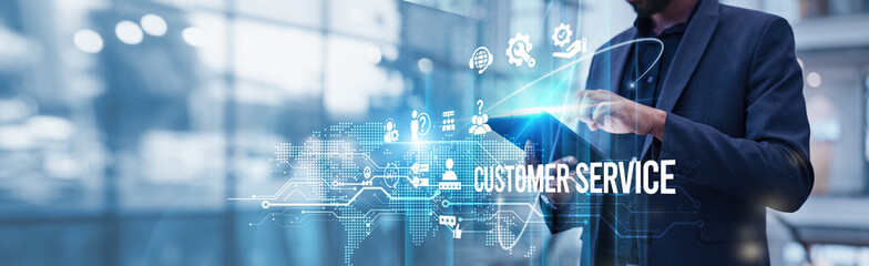 Businessman using tablet analyzing Customer service and customer satisfaction, growth trends, performance metrics, user feedback, service quality, operational efficiency, and engagement data.