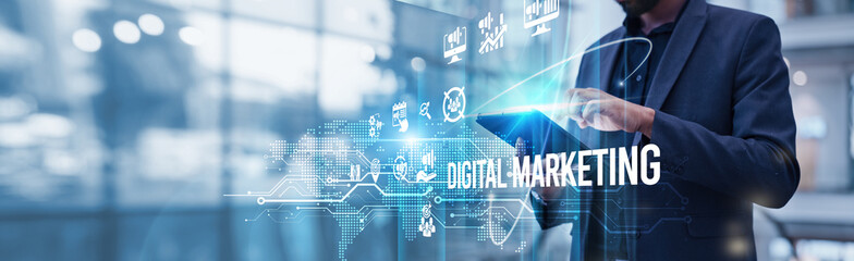 Businessman using tablet analyzing Digital Marketing and AI-driven hyper-personalization growth, voice search optimization, social commerce, and privacy-first strategies shaping customer engagement.