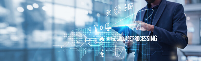 Businessman using tablet analyzing Natural Language Processing (NLP) and machine learning growth for sentiment analysis, chatbots, text summarization, language translation, and speech recognition.