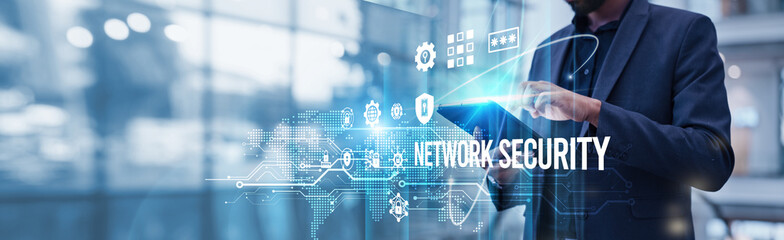 Businessman using tablet analyzing Network Security and robust market growth driven by increasing cyber threats, enhanced digitalization, cloud adoption, and the need for secure infrastructure.