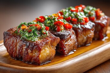 Enjoy tender grilled skirt steak topped with chimichurri and roasted peppers under a cozy grapevine canopy at sunset