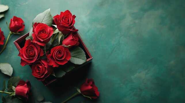 Red roses in a gift box on a green table for Mother's Day, top view.