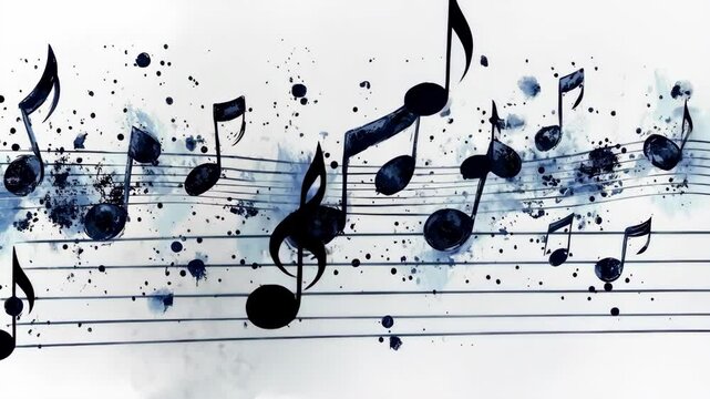 Watercolor music notes illustration with blue splashes and artistic musical design.
