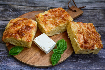 Bakery .Home made cheese pie with phyllo pastry, feta cheese and organic eggs. Bulgarian banitsa