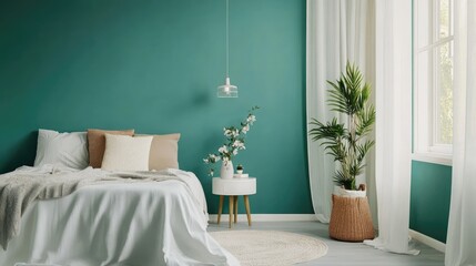 Scandinavian-style bedroom with white furniture and turquoise wall