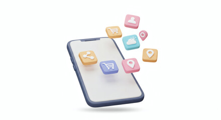 Conceptual smartphone with shopping cart and location icons for online retail