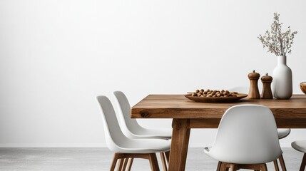 Stylish dining room with wooden table, modern chairs, nuts plate, salt and pepper shakers, concrete floor, white wall template.