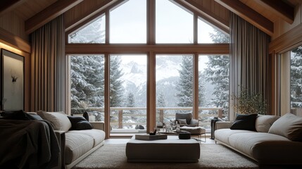 Stylish living area with large windows, sofa, cozy chalet ambiance.