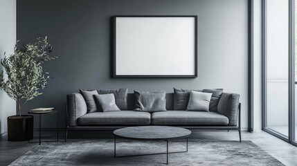 Stylish Living Room Decor with Mock-Up Poster Frame and Modern Furniture