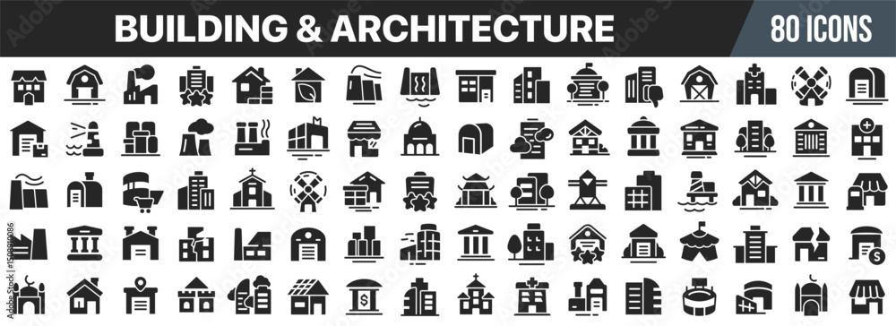 Poster Building and architecture black icons collection. Big UI icon set in a flat design. Vector illustration EPS10
