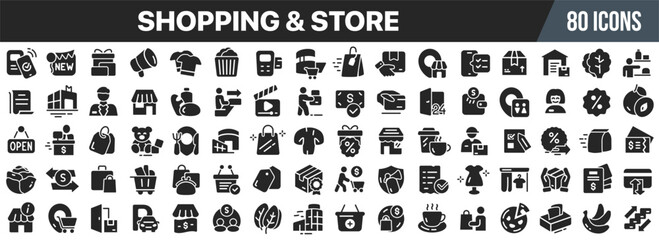 Shopping and store black icons collection. Big UI icon set in a flat design. Vector illustration EPS10