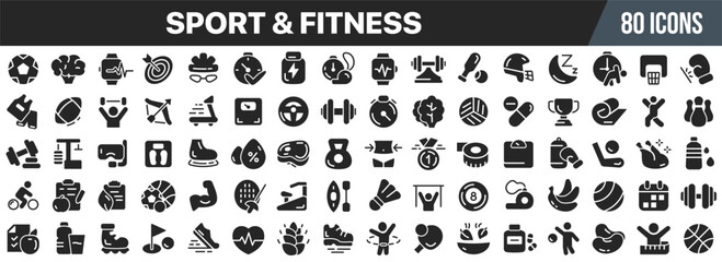 Sport and fitness black icons collection. Big UI icon set in a flat design. Vector illustration EPS10