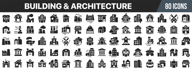 Building and architecture black icons collection. Big UI icon set in a flat design. Vector illustration EPS10
