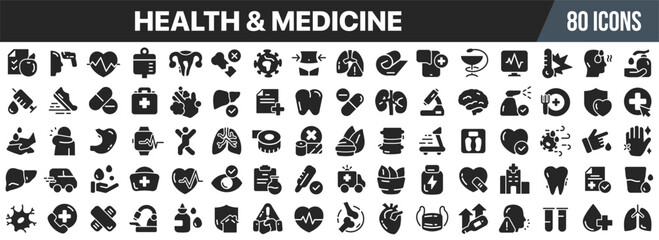 Health and medicine black icons collection. Big UI icon set in a flat design. Vector illustration EPS10
