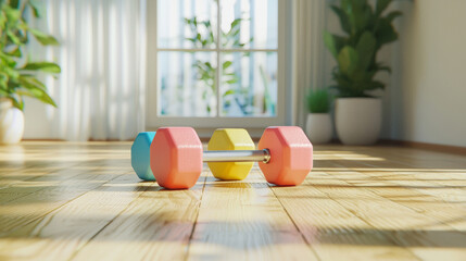 Colorful Dumbbells on Wooden Floor in Sunlit Home Gym.