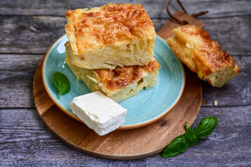 Bakery .Home made  cheese pie  with phyllo pastry, feta cheese  and organic eggs. Bulgarian banitsa