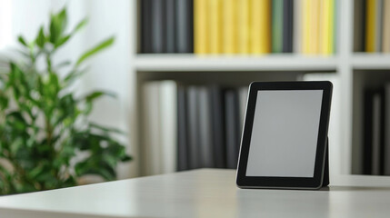 Modern E-Reader Standing on Desk in Front of Bookshelf.
