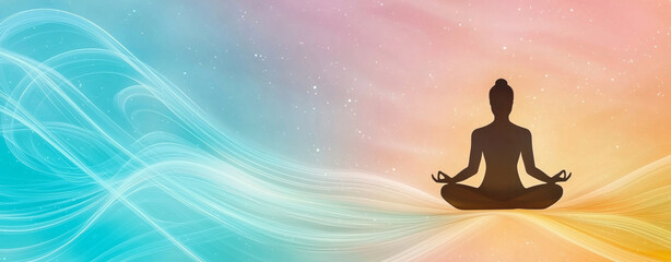 Meditating figure in silhouette against minimal pastel background with flowing waves, creating serene and calming atmosphere