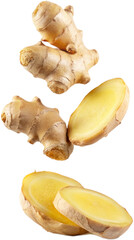 Fresh ginger root and slices isolated on black background for healthy eating
