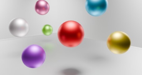 Colorful 3d spheres or shiny balls with bokeh effect in a light background