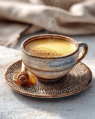 A serene breakfast table features telba Ethiopian drink, honey in a clay cup, woven placemats, and incense