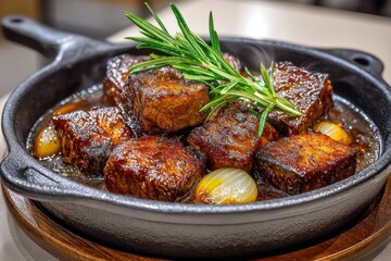Fototapeta premium Tibs beef cubes are sautéed with onion and rosemary for a smoky, rich flavor at a lively Addis café