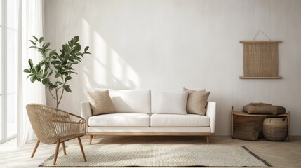 Versatile indoor space featuring white couch, rug, chair, and plant
