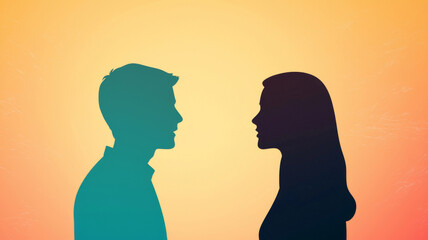 Silhouettes of couple facing each other against colorful gradient background, conveying sense of intimacy and connection