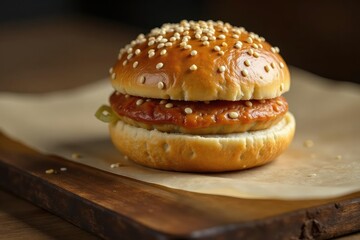 Single sesame seed bun, slightly glossy surface, sesame, seed, fresh bread